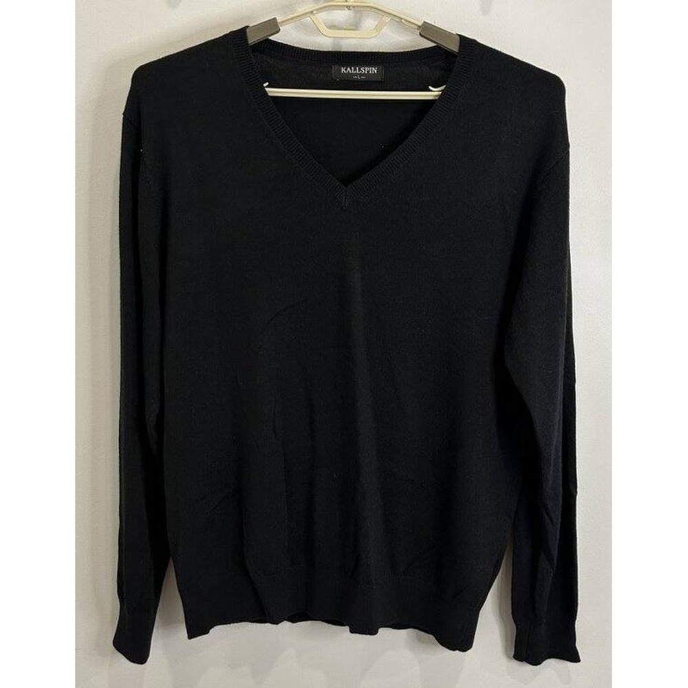 Kallspin Mens Cashmere Wool Blend Sweater V Neck Long Sleeve Black L